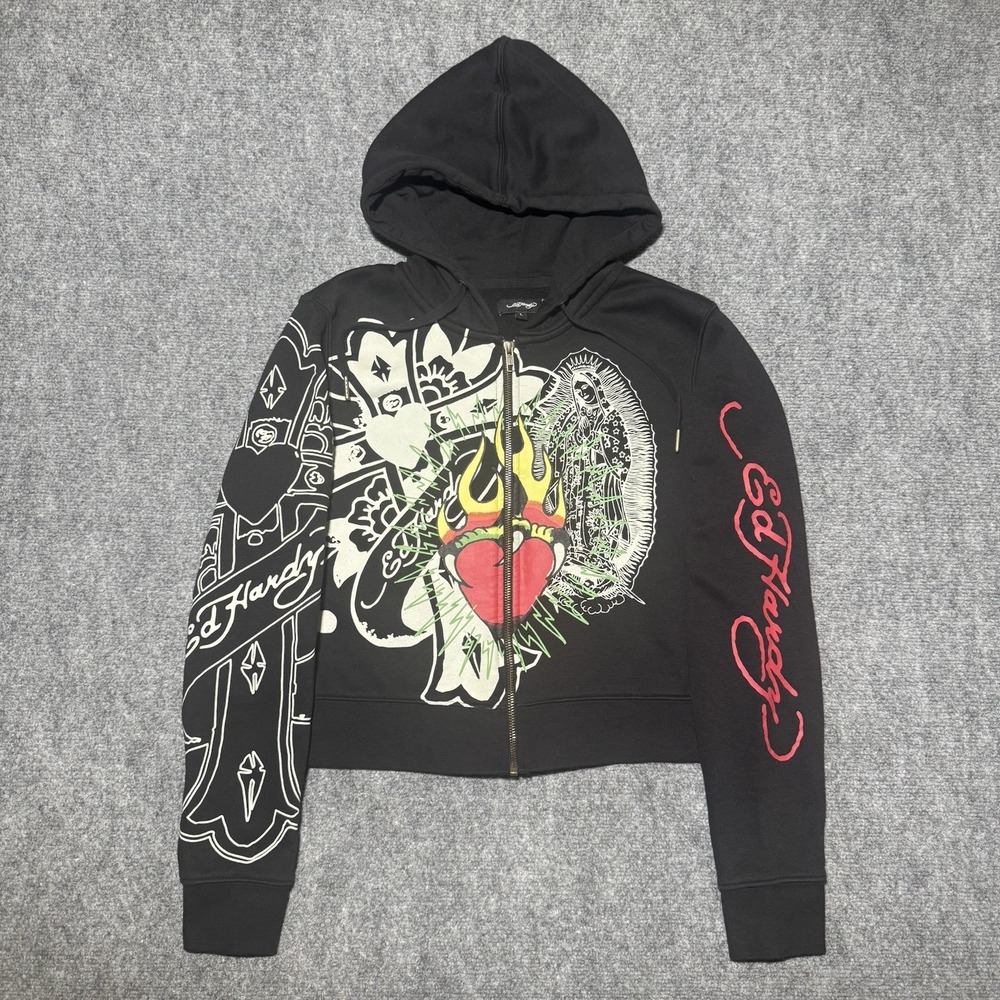 Ed Hardy Virgin Mary Women Cropped Zip Front Hoodie Black Size Large Cross Heart